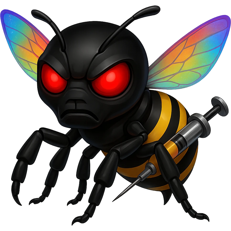 Create a menacing robotic bee with a black head and a syringe stinger, featuring rainbow prismatic energy wings. The style should resemble apple style emojis with concise details and vibrant colors. emoji
