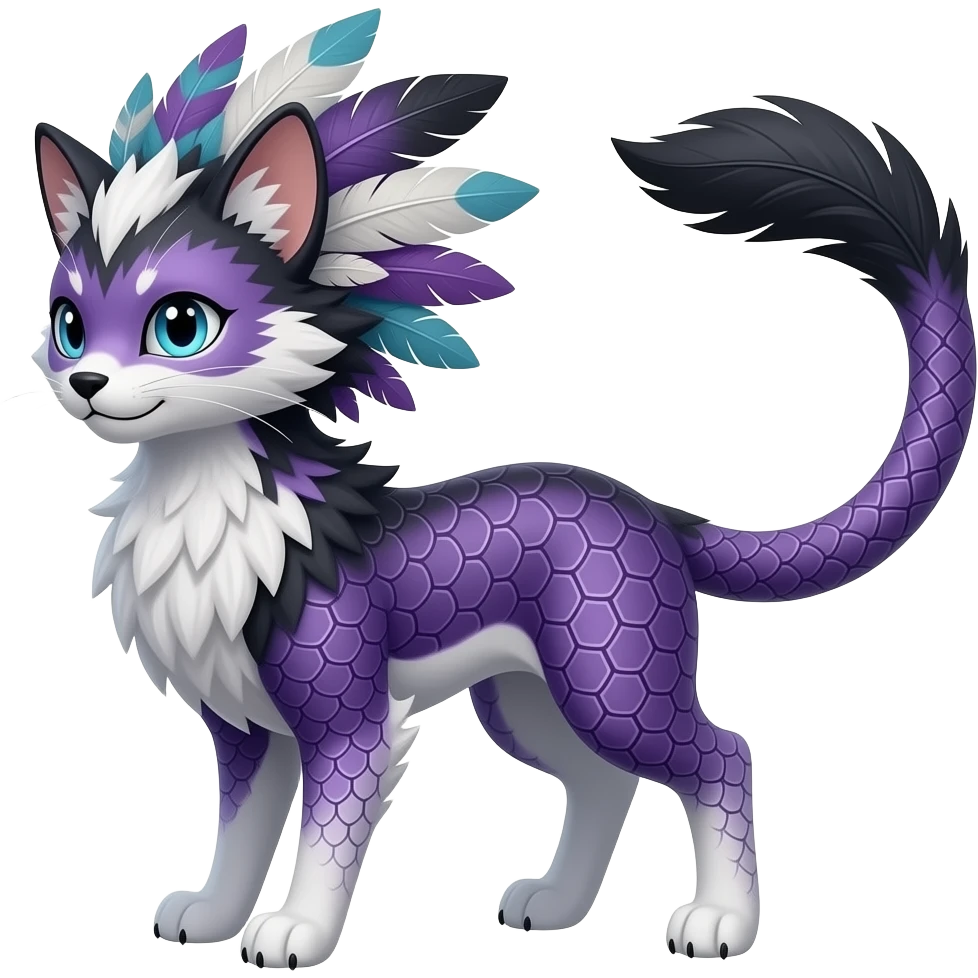 Honeycomb-patterned Slim stylish feather-maned elegant realistic Asian Furry, feathery fluffy tropical flecked painted feathery scaly, Purple, white, black, Minccino-Bambino-Lykoi-Linoone-Zangoose-fusion-hybrid-animal-Fakémon-creature, full body, thin long sleek scaly tail, intricate markings emoji