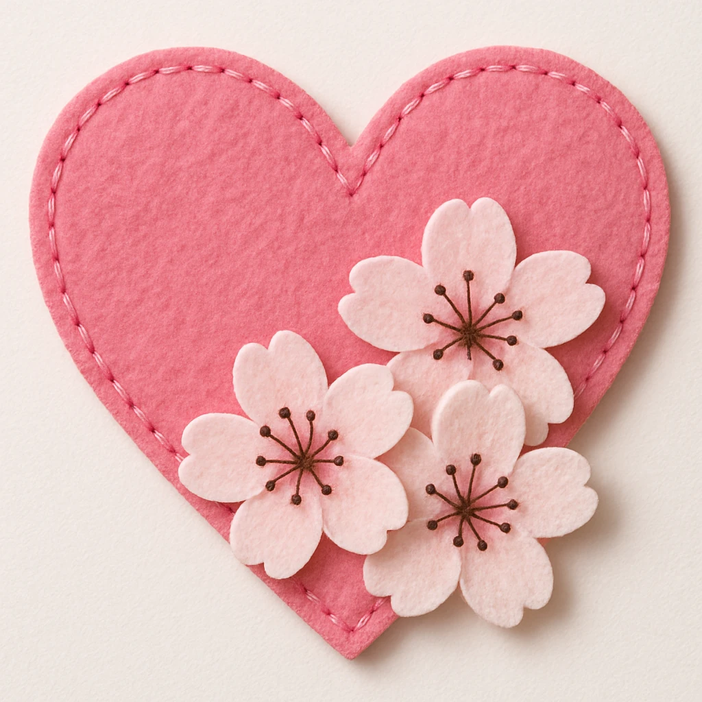 pink heart with sakura flowers, felt patch style emoji