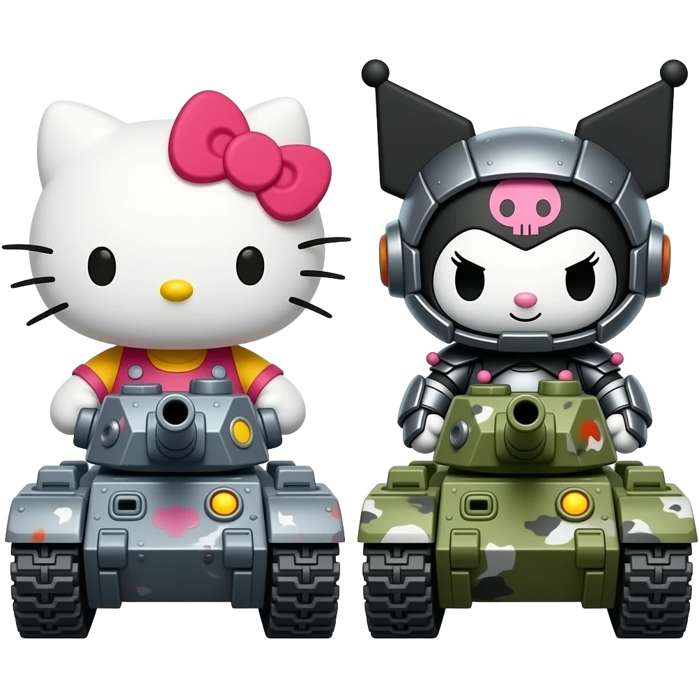 hello  kitty and kuromi in tanks going to war cute emoji
