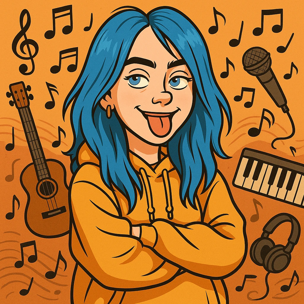 cartoon style portrait of Billie Eilish, blue hair, baggy clothes, playful expression, music theme emoji