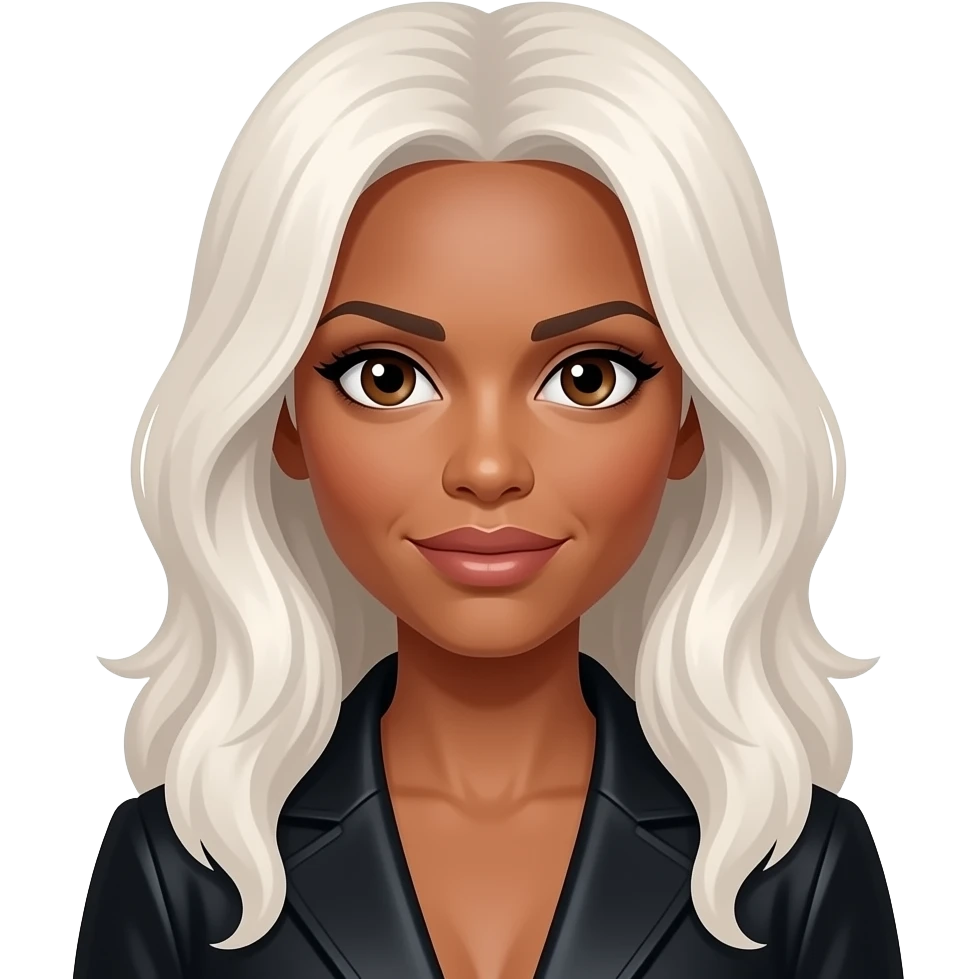 Halle Berry as Storm (Marvel) with dark brown eyes, long white blonde hair, black outfit emoji