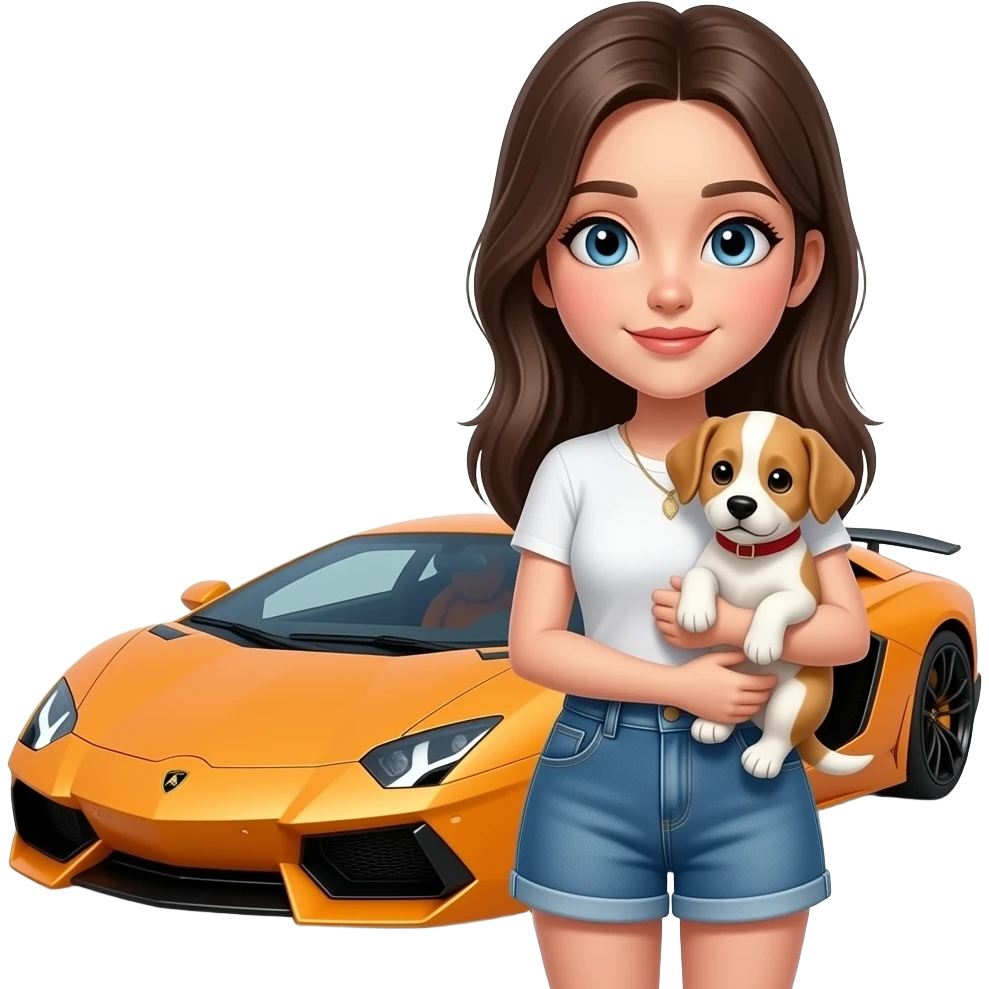 ein mädchen  mit einem kurzen rock, im hintergrund steht ein lambogieni das mädchen hat einen welpen im arm emoji