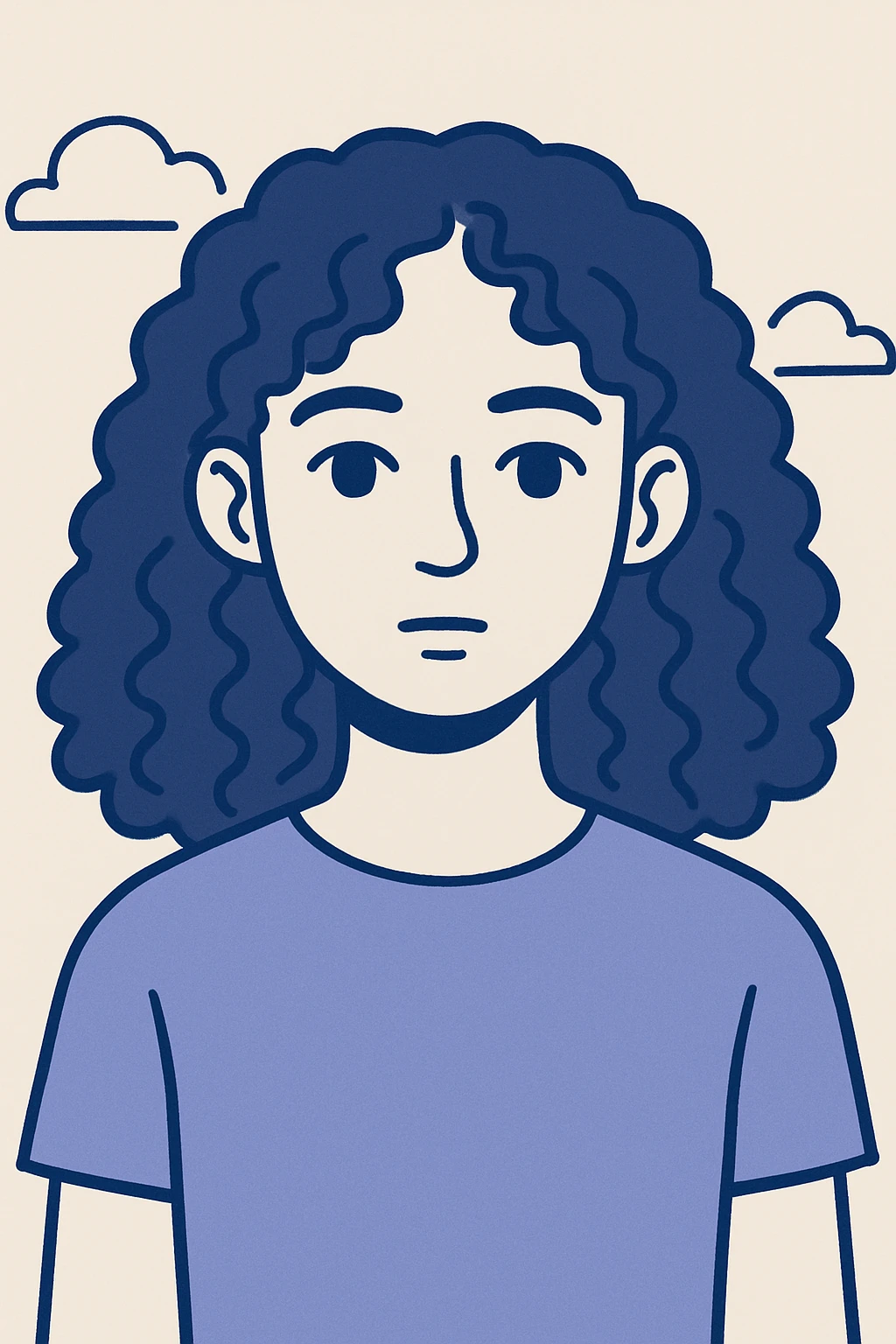 white girl with brown eyes and brown hazelnut curly hair 3b-3c, neutral expression, upper body, plain background, modern illustration style emoji