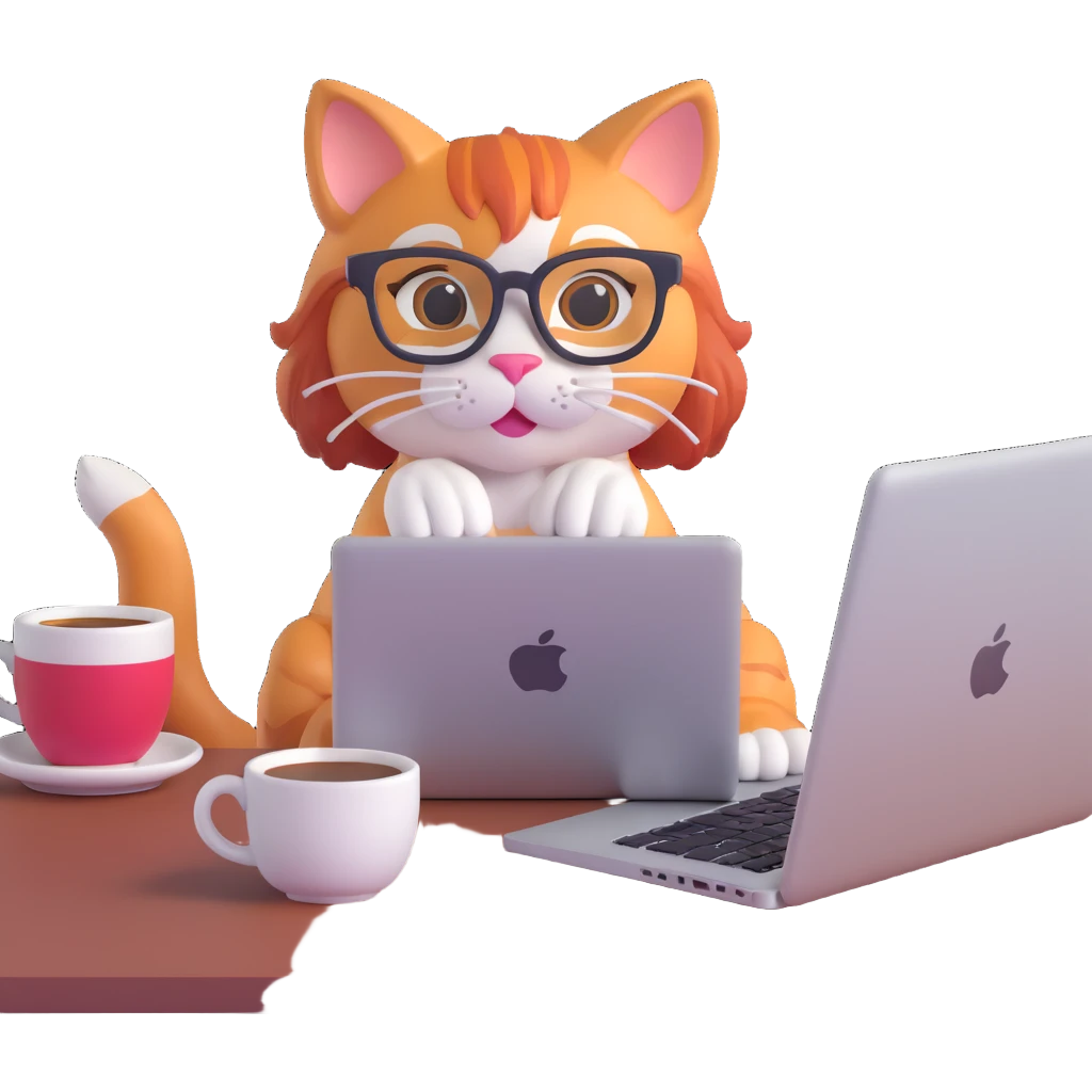 redhead cat with glasses working on a MacBook, surrounded by coffee cups, busy vibe emoji