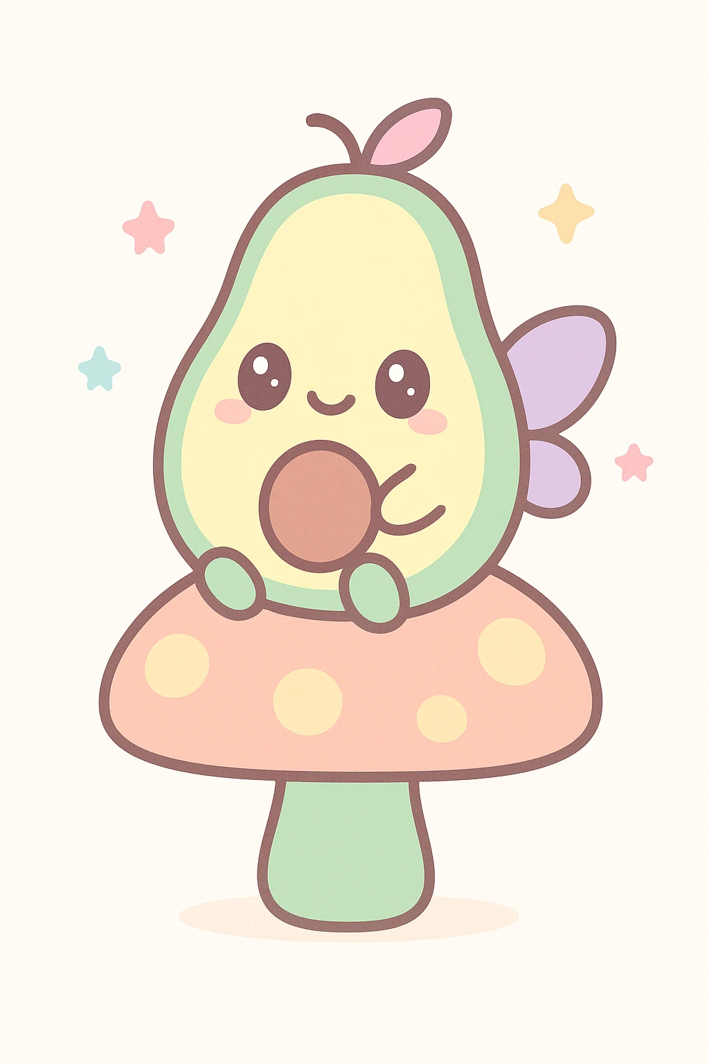 avocado fairy, sitting on a mushroom, glowing, friendly, cute, fantasy style emoji
