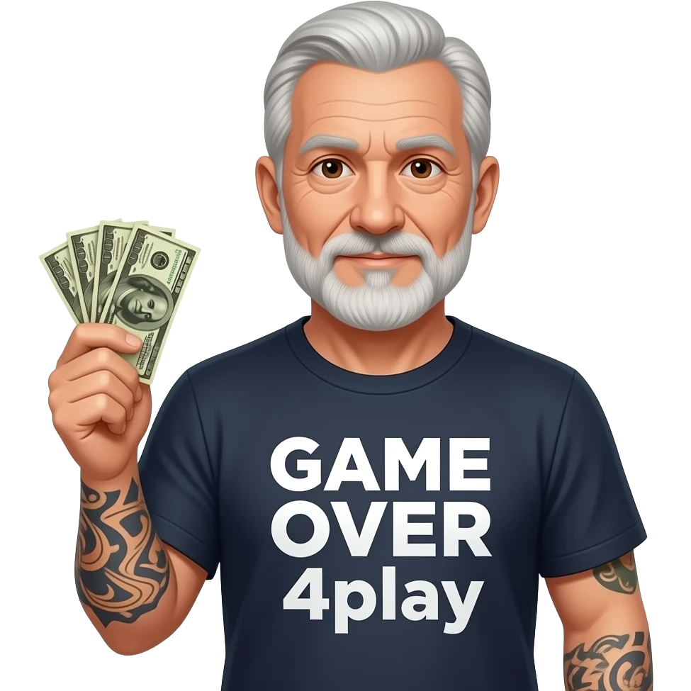 older man with tattoo on arm shirt says GAME OVER 4play holding money emoji