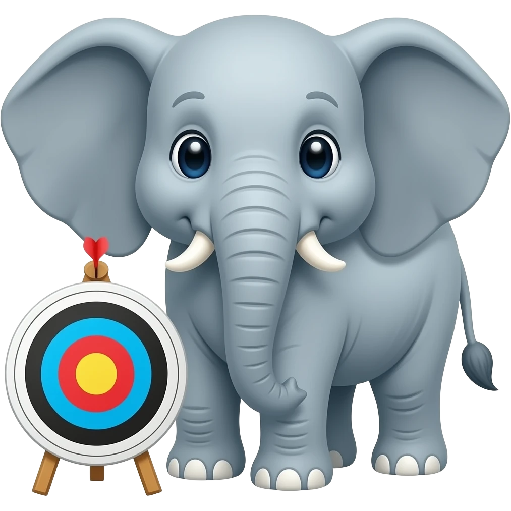 elephant happy front view, standing aside a target emoji