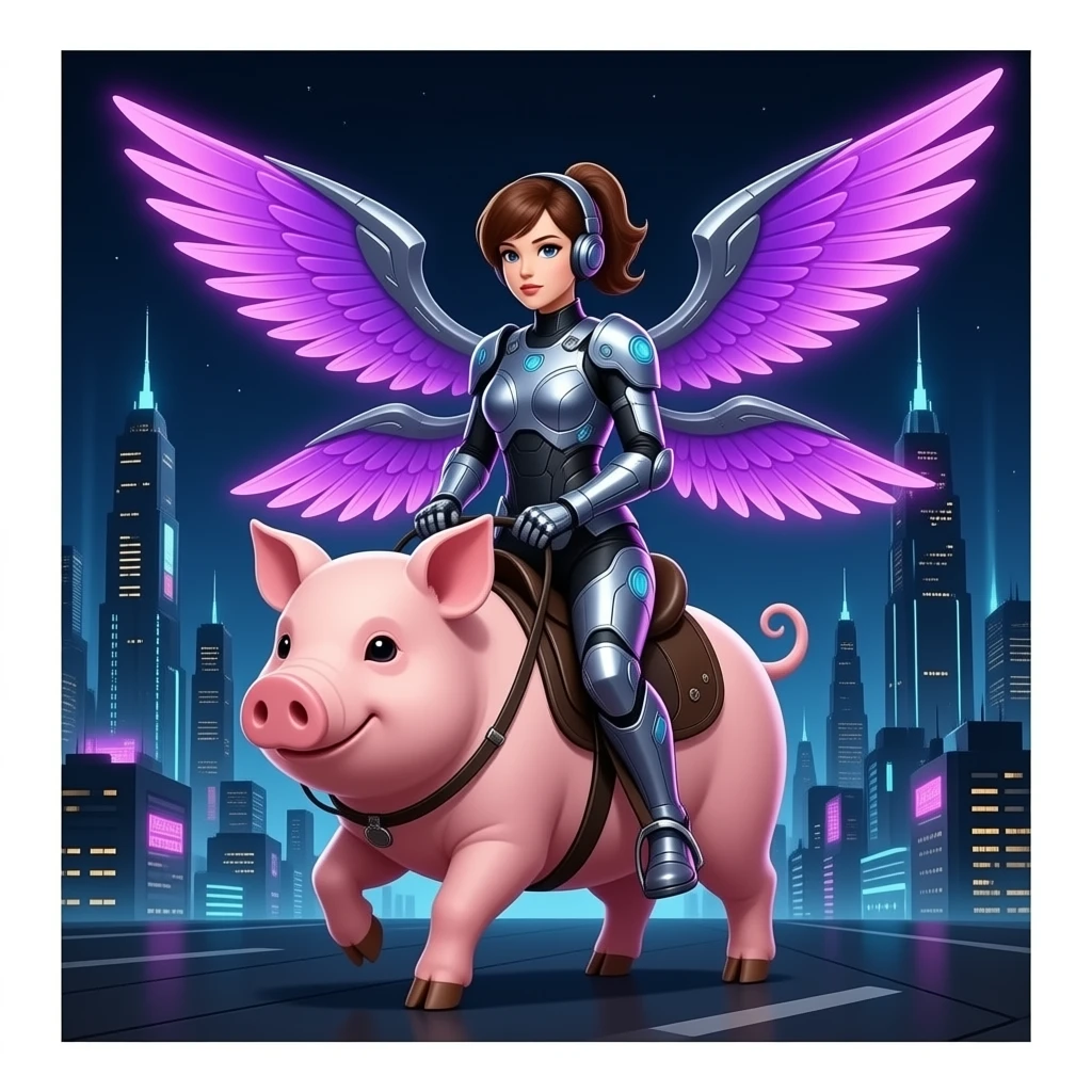 Woman with sci Fi cloths riding a pig with four purple glowed wing in sci Fi city emoji