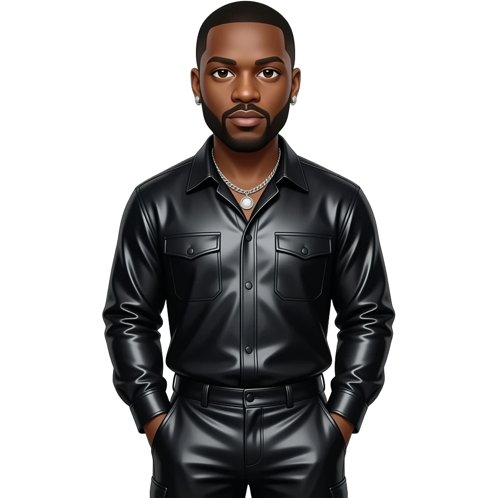 Rick Ross with dark brown eyes, black hair, black metallic shirt, black metallic baggy pants, silver necklace and earrings emoji