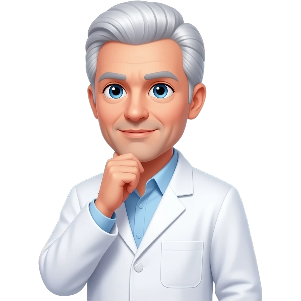 a male physicist, pale skin, rich white hair neatly combed, wearing a crisp white lab coat over a collared shirt, standing thoughtfully in front of a chalkboard covered with complex physics equations E=mc  2 , quantum mechanics emoji