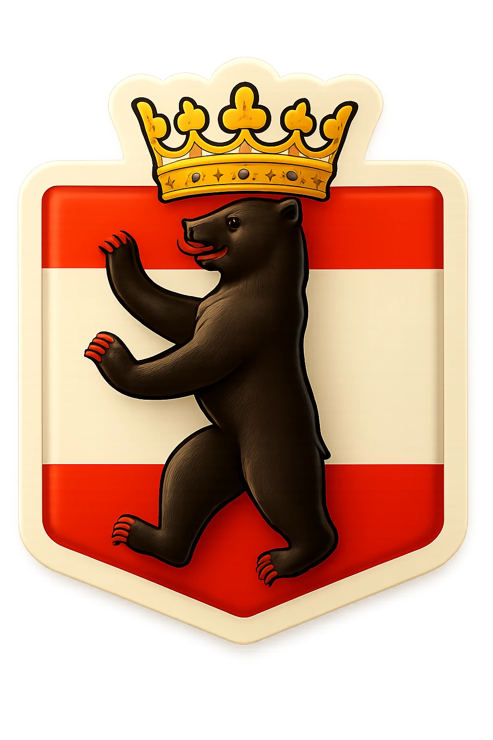 Create an emoji of the Berlin Bear wearing a crown, less cartoonish, with the Berlin flag as the background, no text. The style should be retro stickers style with clear and vibrant colors, maintaining the iconic features of the Berlin Bear but with a more realistic and less cartoonish look, and a regal crown on its head. emoji