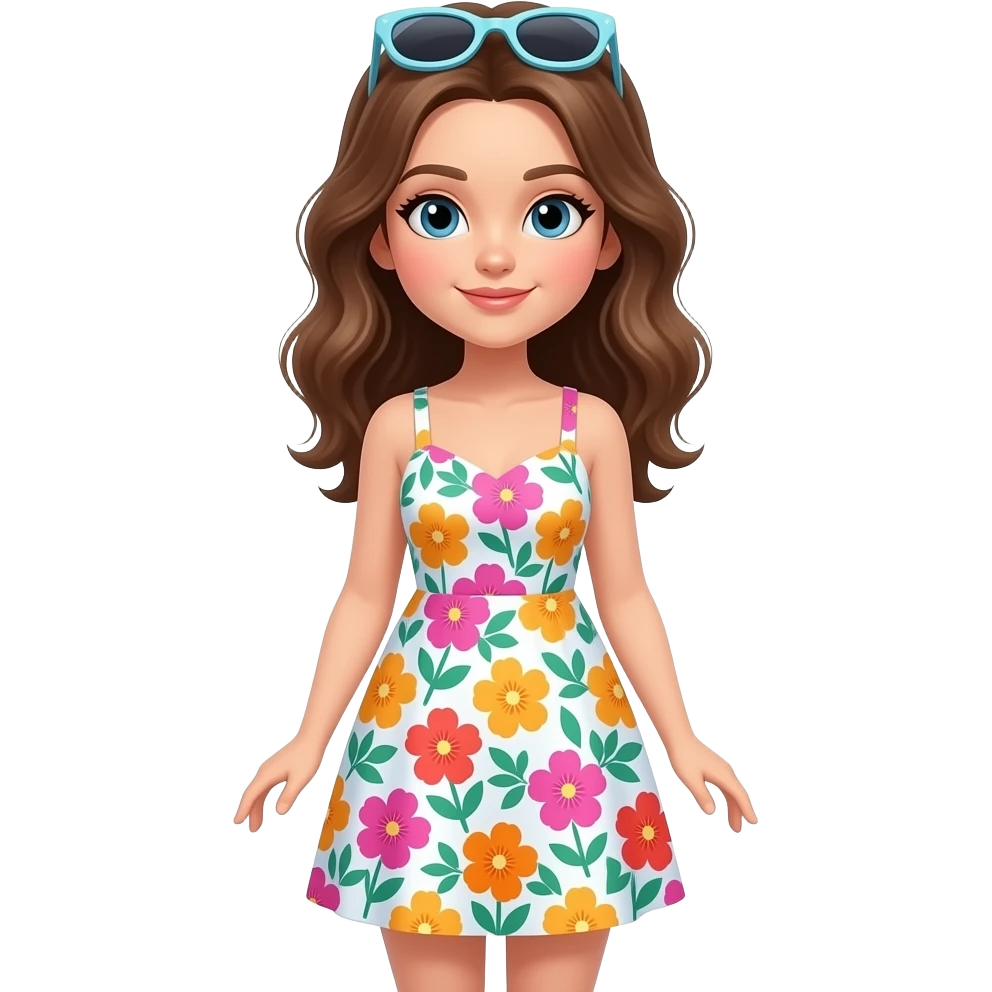 create a fashionable girl wearing sundress, sunglasses up of her head and full body emoji