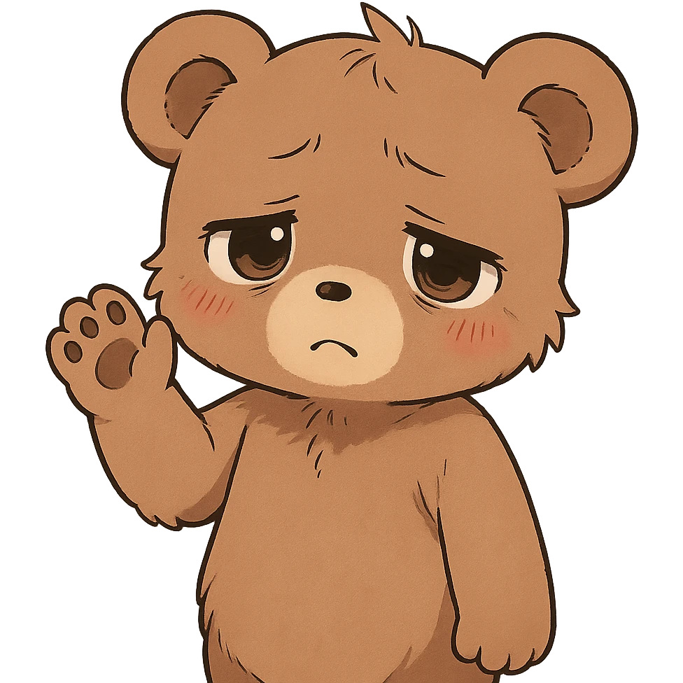 anime style cute bear waving, looking tired and sad, with a sweet expression emoji