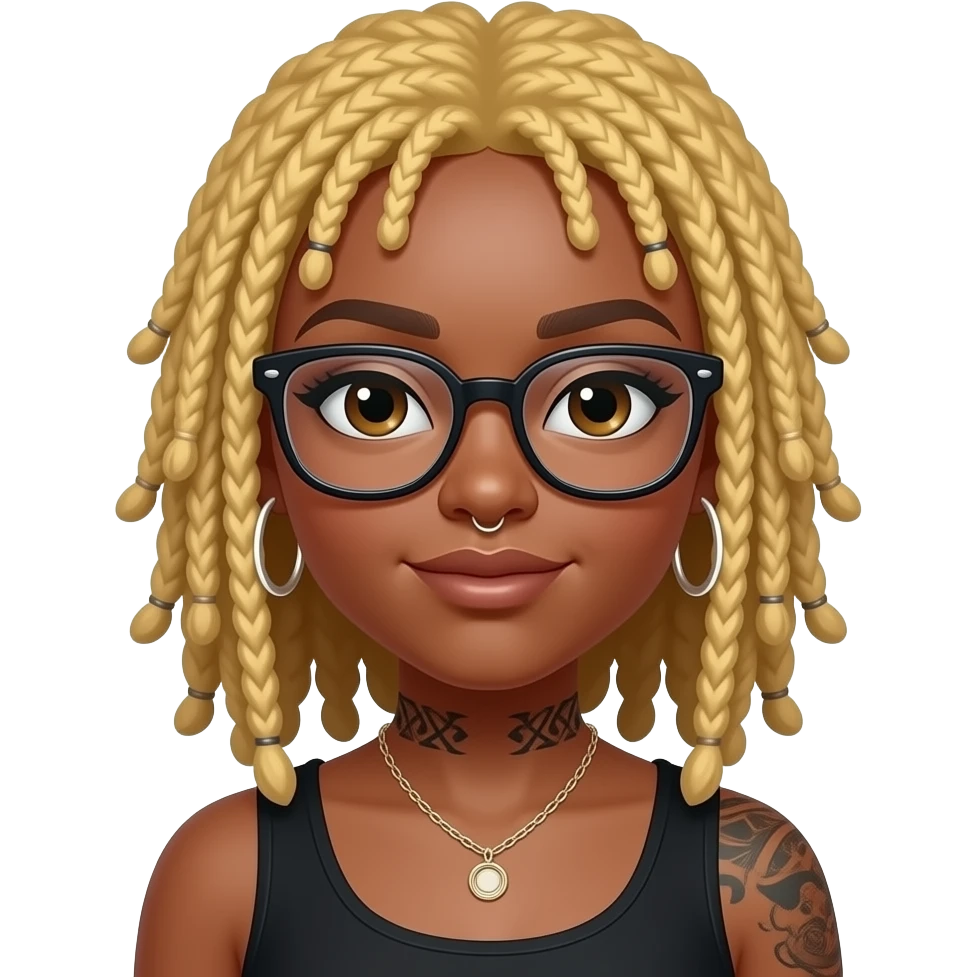 Black girl with blonde locs, glasses, nose piercing,  hoop earrings and tattoo emoji