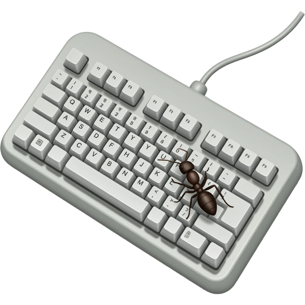 antfarm keyboard, in the shape of a standard computer keyboard, with an ant on it emoji