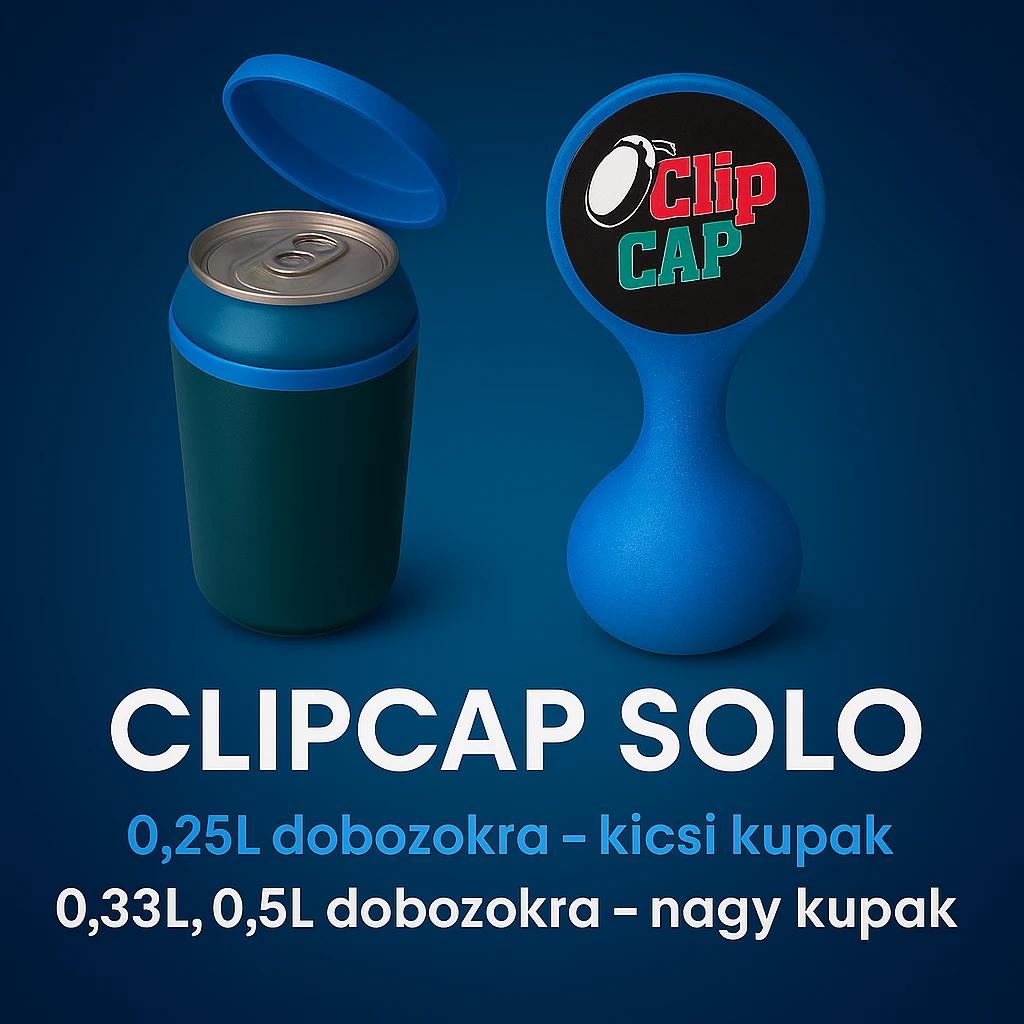 A kupakokat színezd át kékre. A CLIPCAP DUO felírat helyett CLIPCAP SOLO felírat legyen, a "kicsi és nagy kupak a csomagban" szöveg helyett "0.25L dobozokra - kicsi kupak" és a "0.33L,0.5L dobozokra - nagy kupak" külön sorban. A 0.25L, a 0.33L, a 0.5L-t ponttal írd! emoji