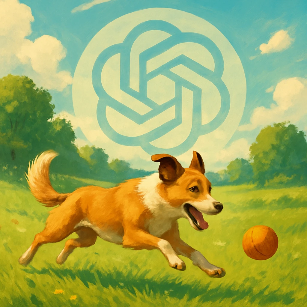 gpt image logo on the background of a dog chasing ball emoji