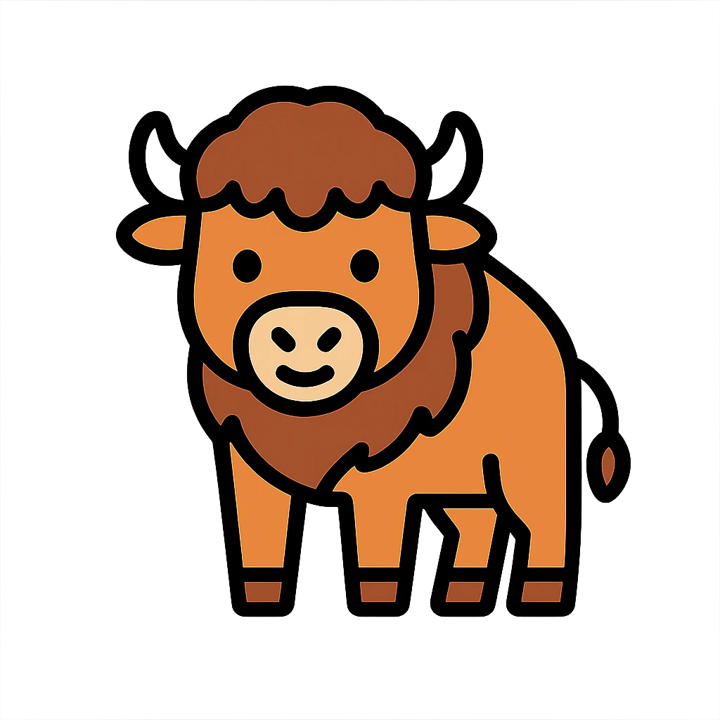 cute cartoon bison icon, rounded shapes, friendly expression, small horns, modern icon style emoji