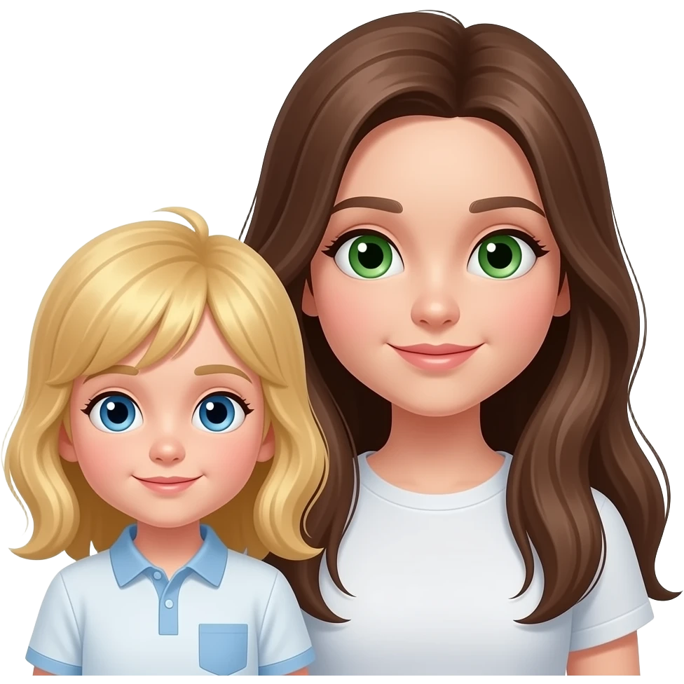 der bub ist am kleinsten. das mädchen ist mittelgroß und hat blonde haare und blaue augen. das andere mädchen ist die größte und hat grüne augen und sehr lange braune haare. emoji