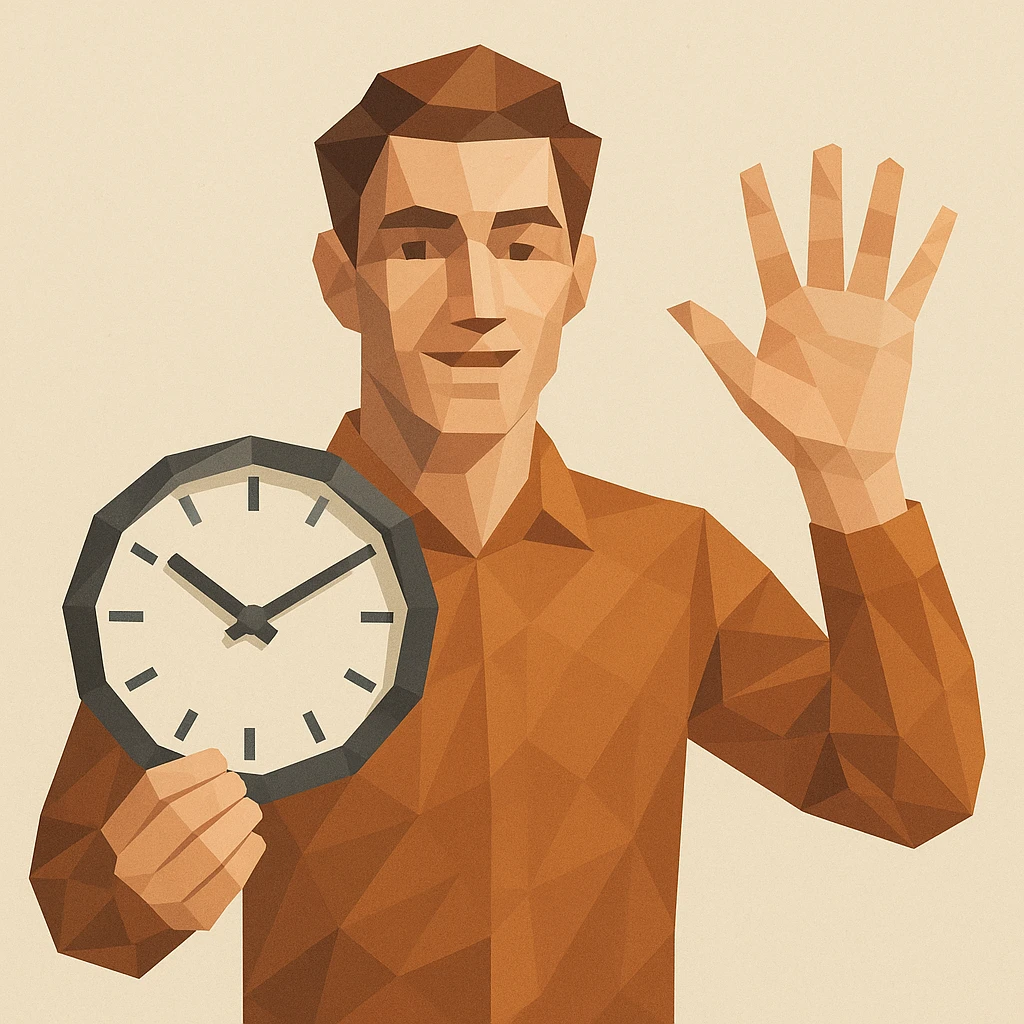 male character holding a clock in one hand, other hand raised showing five fingers, modern illustration emoji