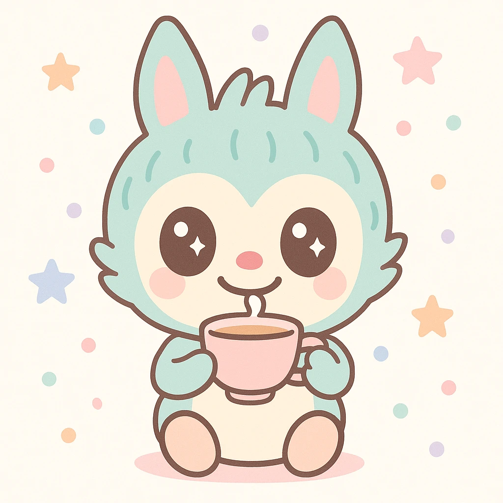Labubu character drinking tea, cute and whimsical style, soft colors, charming and adorable expression emoji