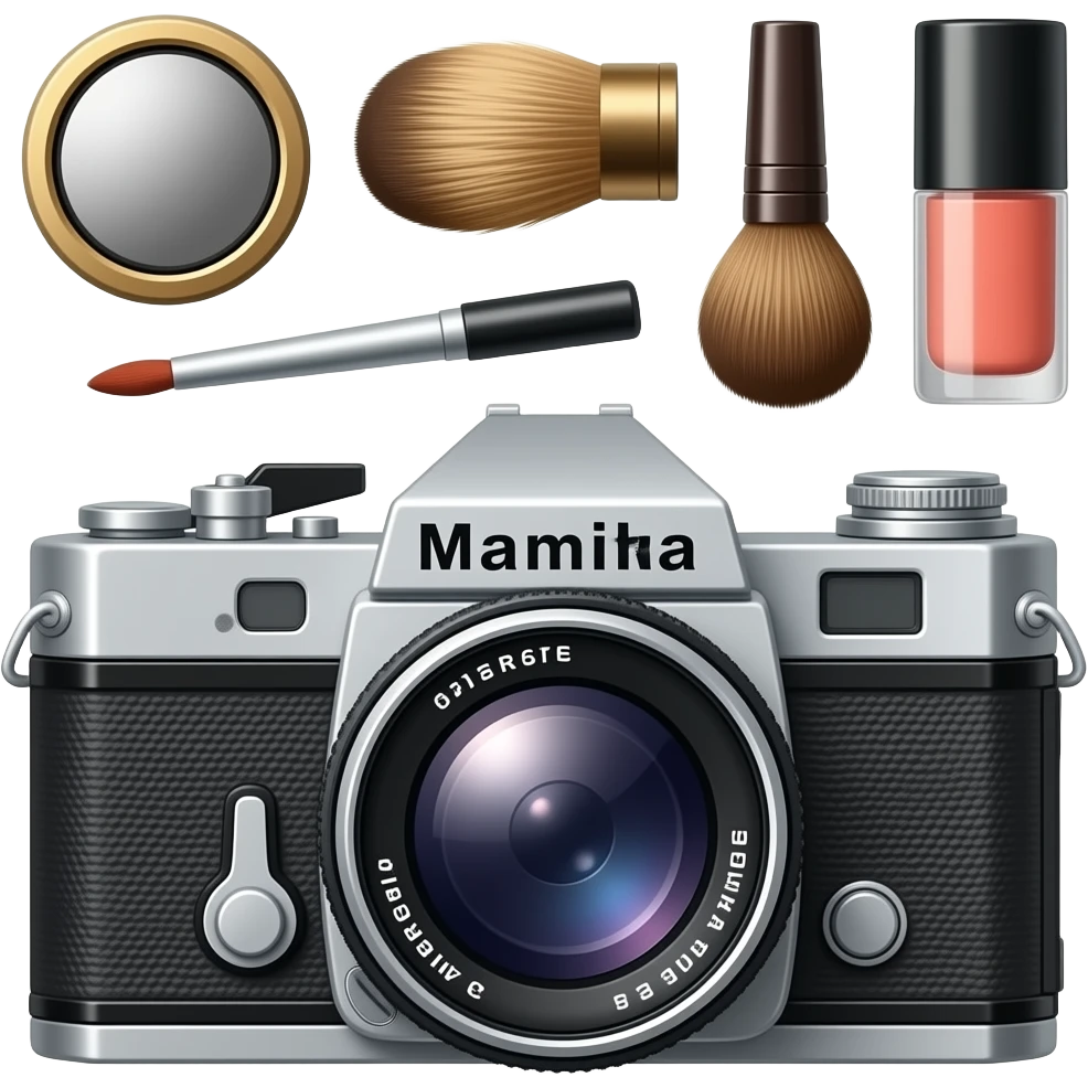 vintage composition of make-up accessories with photo-camera Mamiya RB67 emoji