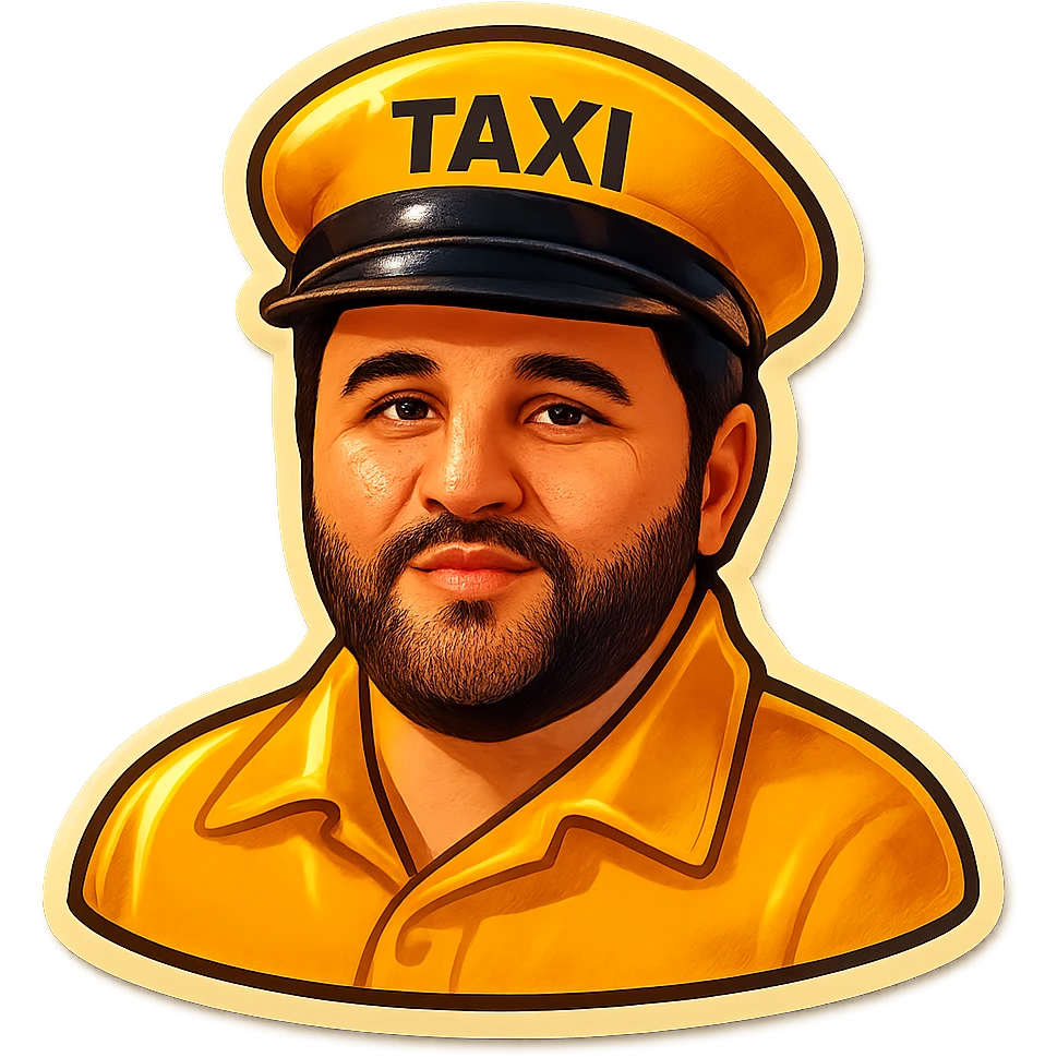 mana shu odam boshiga "taxi" deb yozilgan bosh kiyim kiygaz va sariq kiyimda xuddi taksi haydovchisidek tasvirla emoji