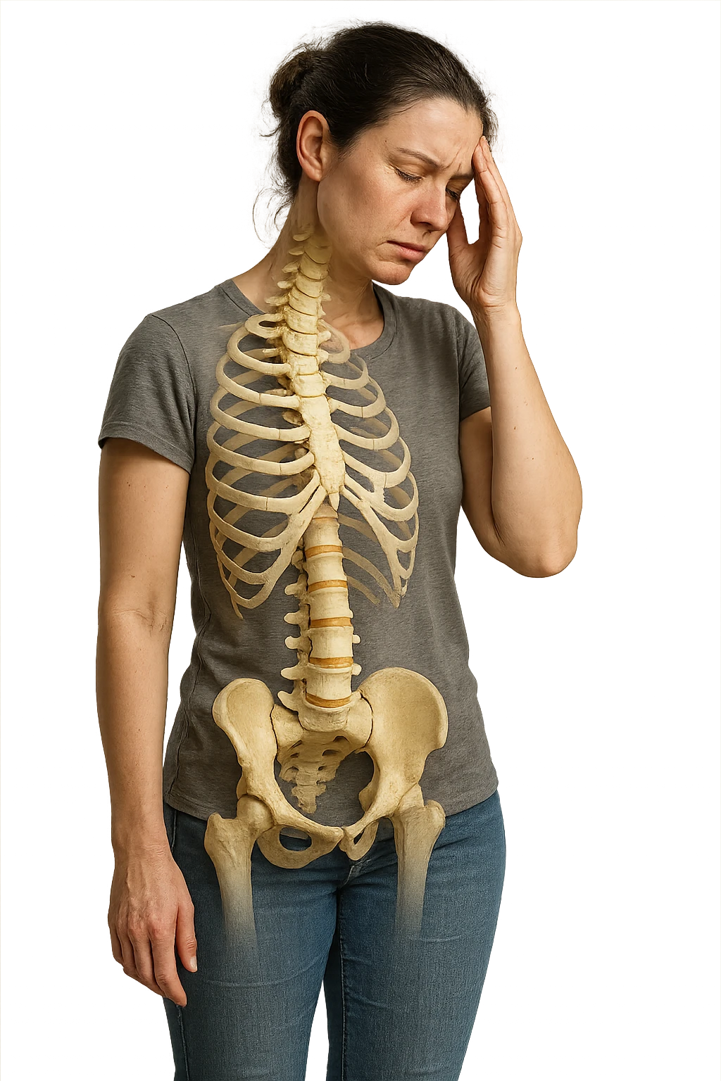donna stanca a figura intera che si tiene una mano sulla tempia con spina dorsale anatomica visibile, iperrealistico 4k emoji