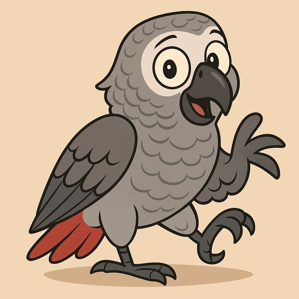 african grey parrot, cartoon style, big eyes, playful pose emoji