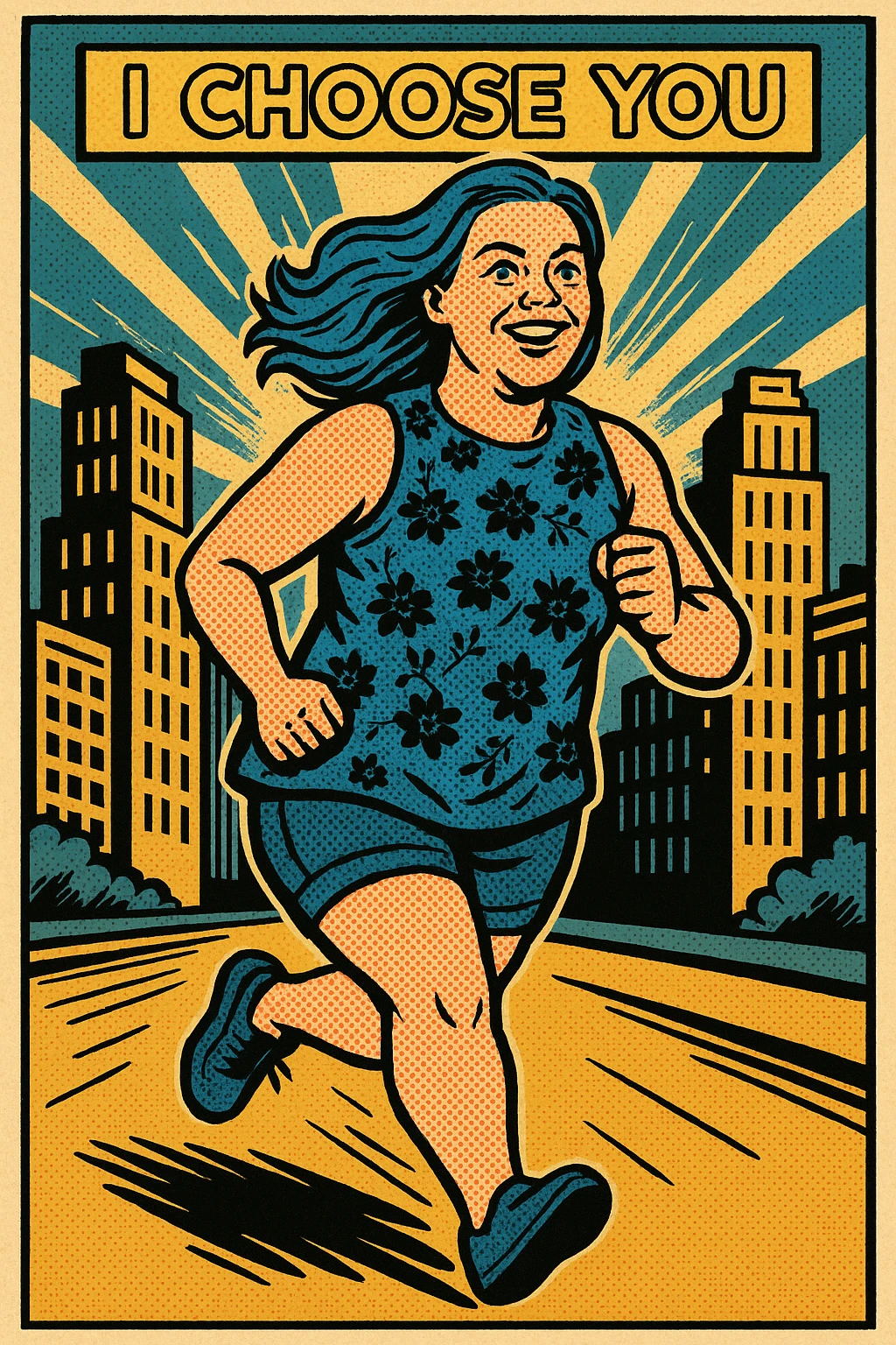 Woman with blue hair running in a city emoji