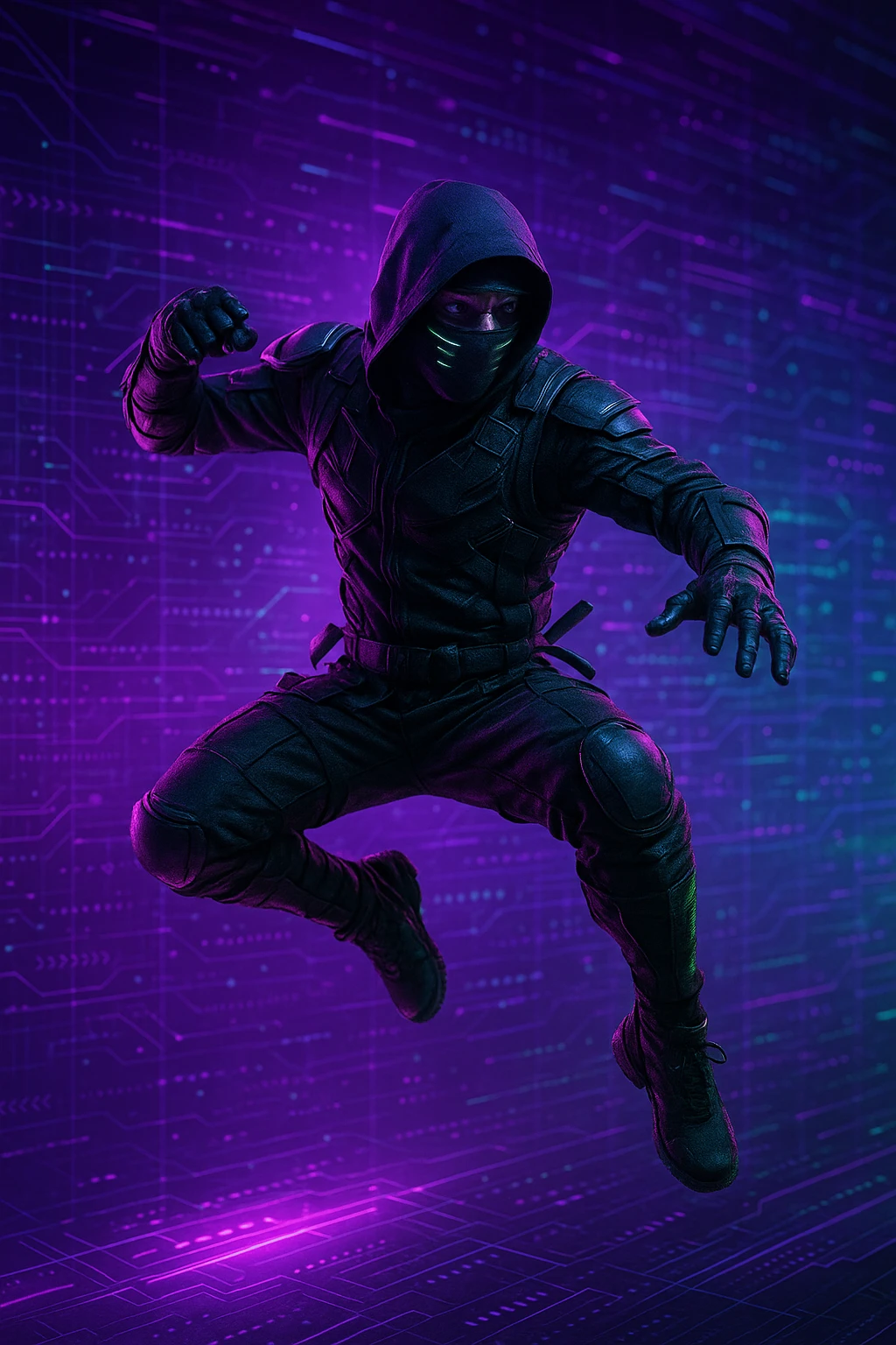 cyber ninja, masked face, purple and green lights, leaping action, abstract tech background emoji