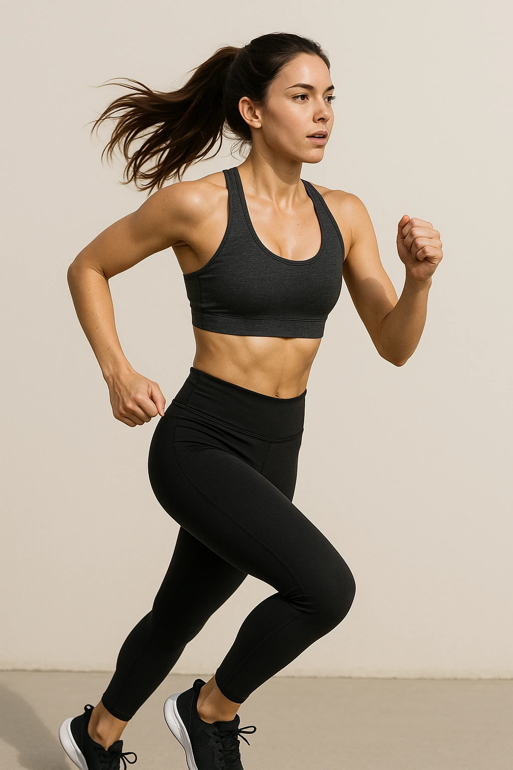 workout girl with brown hair, running, activewear, plain background emoji