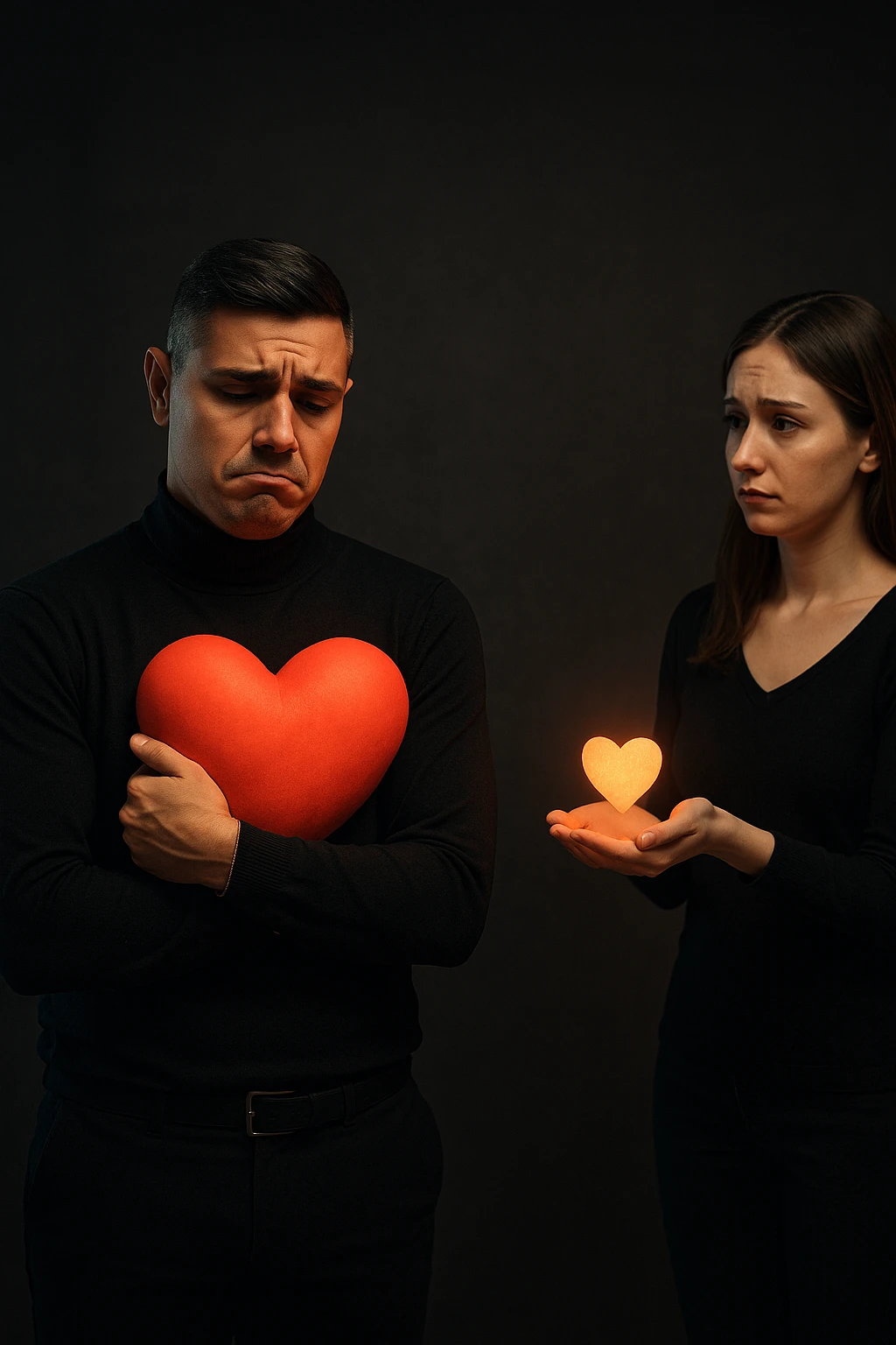 an Italian man in his 30s with olive skin and dark hair stands apart from a woman who offre un piccolo cuore luminoso tra le mani. Lui guarda il cuore con un’espressione triste e insoddisfatta, tenendo tra le braccia un cuore molto più grande e brillante, mentre la distanza tra loro è accentuata da luci soffuse e ombre. emoji