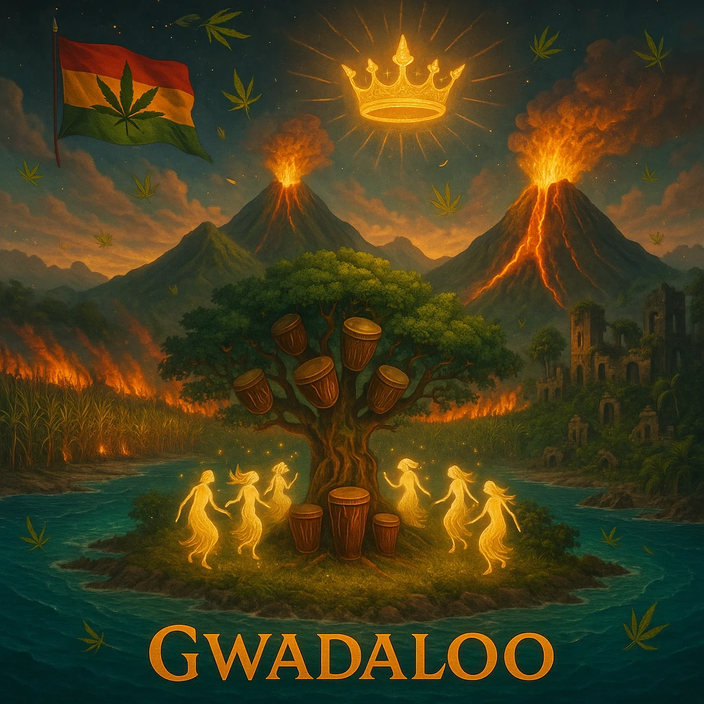 “Depict a mystical reimagining of Guadeloupe, a sacred French Caribbean island renamed Gwadaloo in spiritual rhythm. The landscape blends lush green mountains, twin volcanoes erupting golden light, and deep turquoise sea. In the center stands a legendary Drum Tree — its branches grow carved wooden drums instead of fruit, and glowing ancestral spirits dance around it in a circle of rhythm. Sugarcane fields burn gently in the background, symbolizing the release of colonial pain, while ganja leaves drift in the wind like blessings. Overhead, a sacred ganja-leaf flag flutters in the sky with red, green, and gold colors. A Creole crown floats in golden light above the island, not on any man’s head, but pulsing to the beat of the land. In the distance, ghostly ruins of colonial buildings crumble into dust, reclaimed by vines and time. Use a vibrant, cinematic color palette with warm golden light, deep greens, glowing reds, and ocean blues. Style the scene as prophetic, surreal, and empowering — a vision of Caribbean sovereignty, rhythm, and soul remembrance." emoji