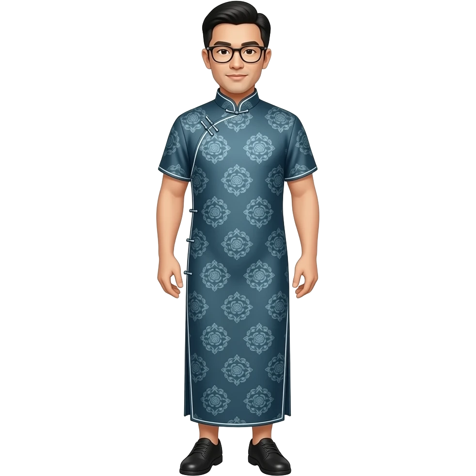 male with glasses in long cheongsam dres only. show whole body profile emoji