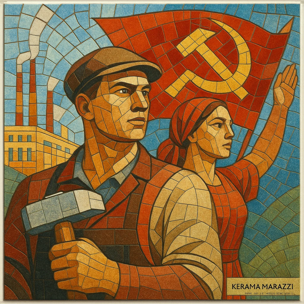 Soviet mosaic artwork reimagined as a modern Kerama Marazzi tile, detailed and colorful emoji