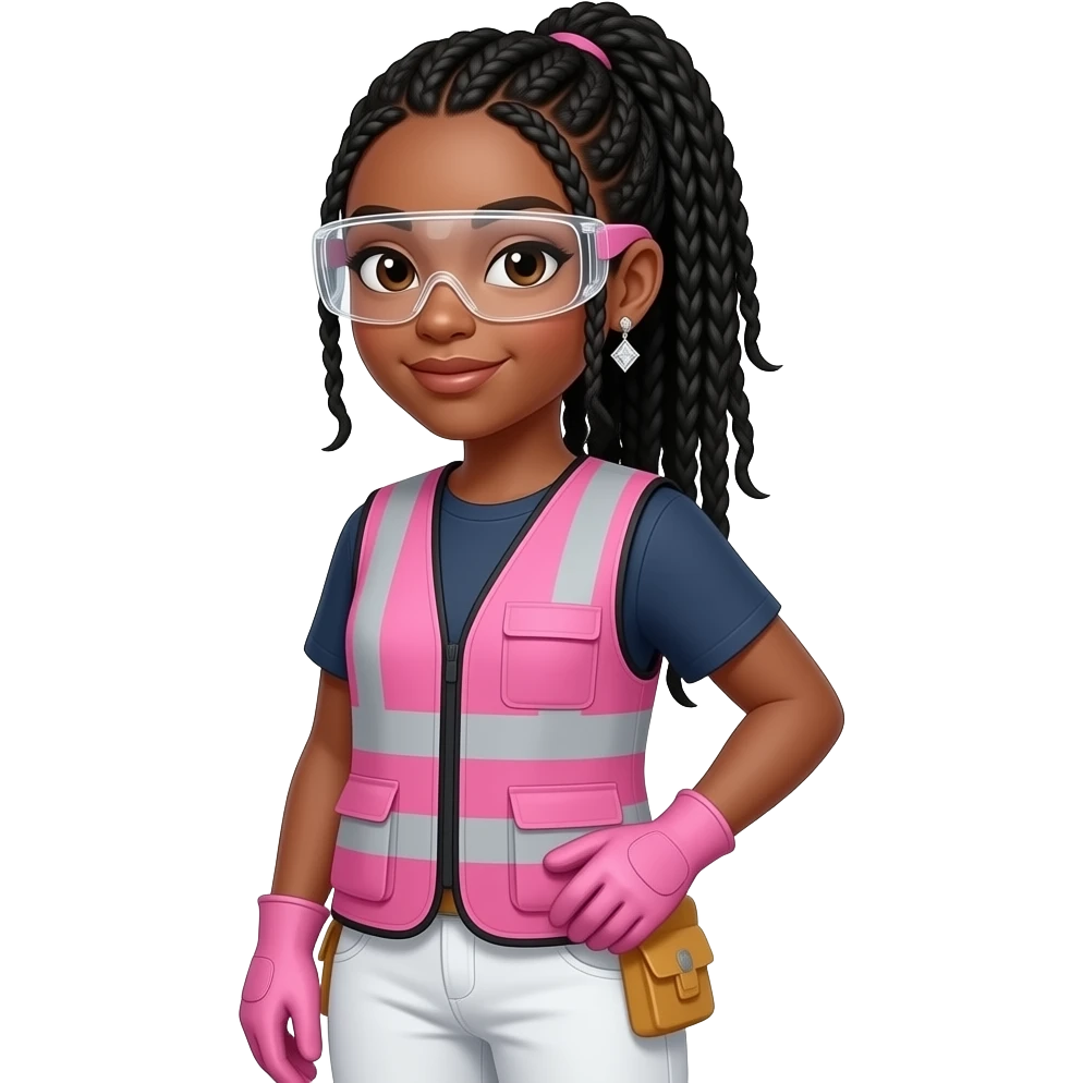 African American woman with brown eyes with long black box braids in ponytail wearing diamond earrings wearing pink and clear safety glasses wearing a pink construction vest wearing white pans wearing pink construction vest wearing white pants wearing pink construction gloves emoji