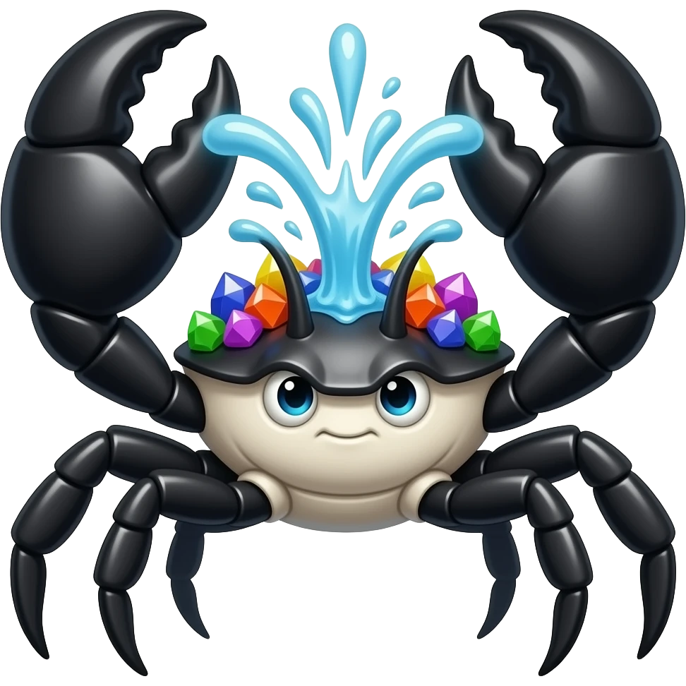 Marinibble A fast and dangerous black and white crab-like creature that gathers shiny multicolored stones on its back. It snaps a 4 big strong claws that burst with pressurized water. emoji