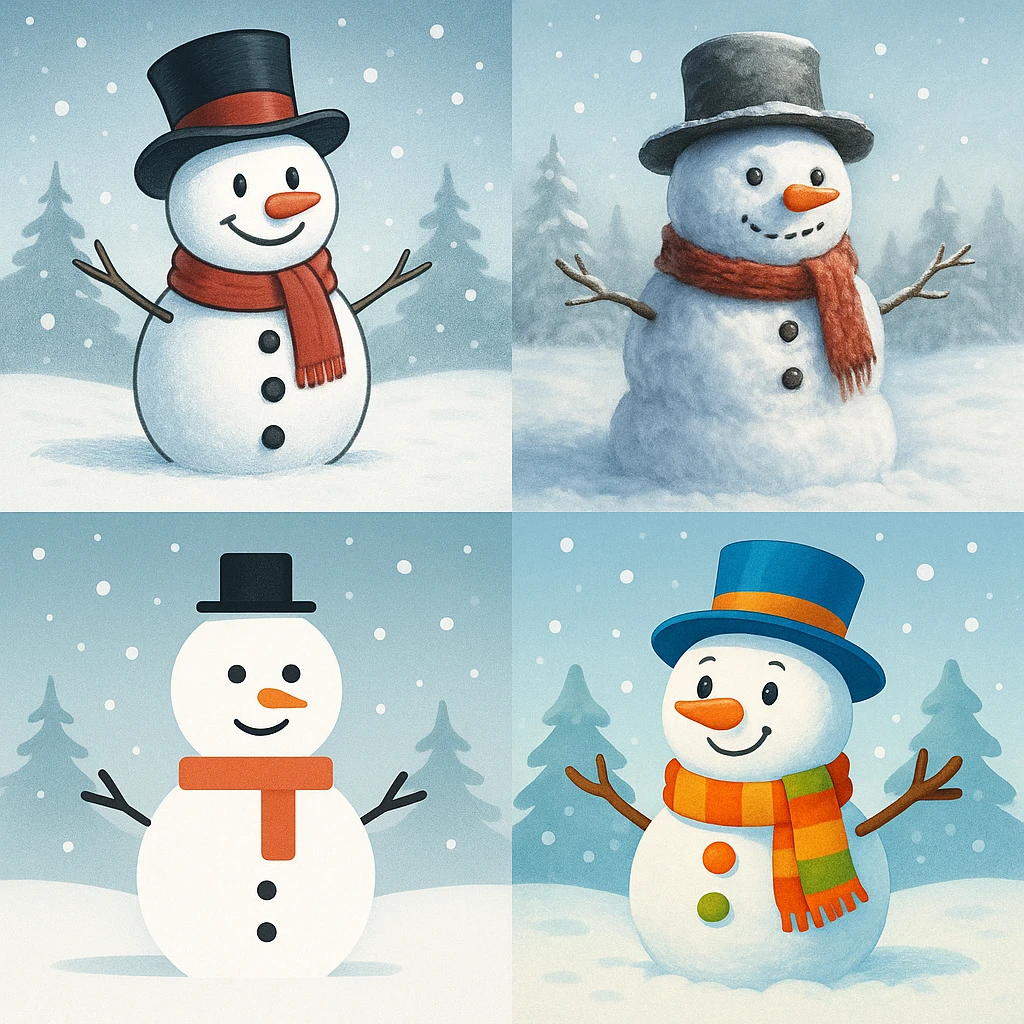 smiling snowman, winter theme, varied style emoji