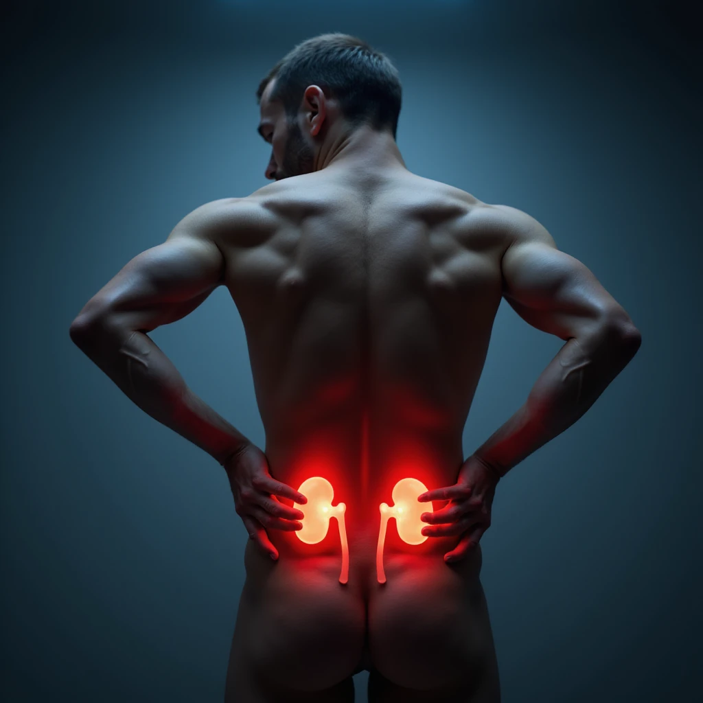 realistic man clutching lower back, kidneys glowing red, painful face, clinical background, cool light, anatomy focus, semi-realistic, 4K emoji