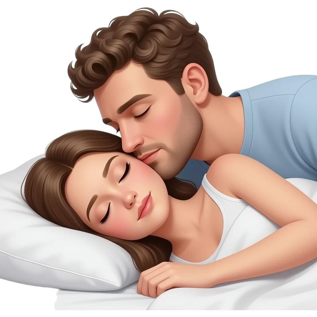 Realistic white man brown super short curly hair with beard high nose bridge kissing while sleeping in bed realistic white girl brown hair emoji