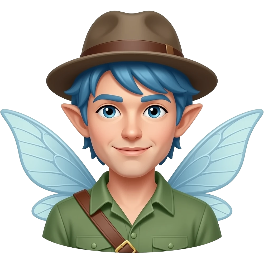 blue haired fairy man with hat and wings sticking out behind shoulders emoji