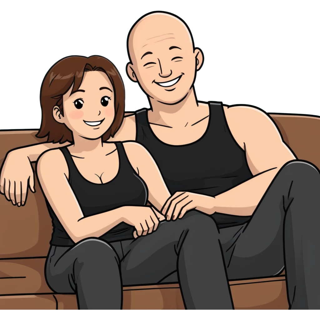  One Caucasia woman with brown hair and big boobs,  a black tank top and pants, some white fluid had sprayed on tank top, sitting on couch with bald man smiling emoji