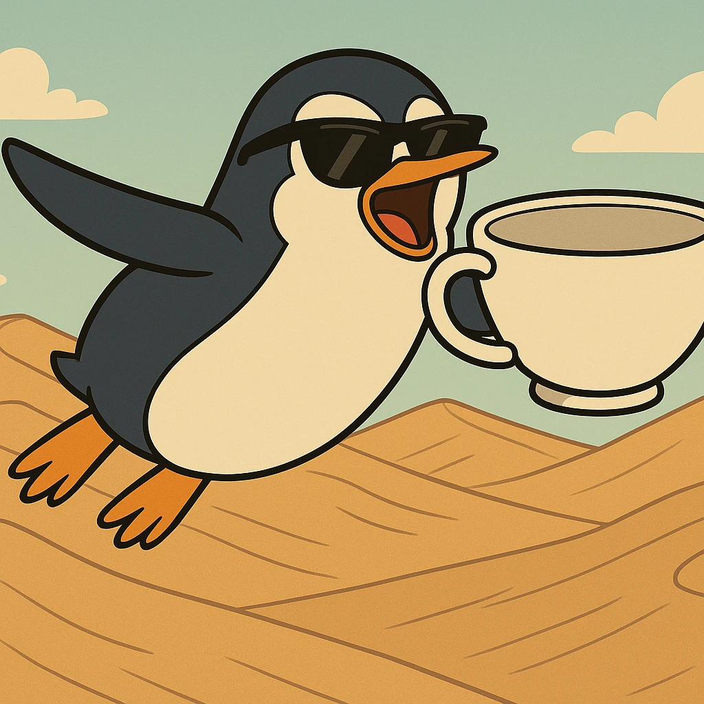 Add sunglasses to the penguin, keep the cartoon style, flying above sand dunes with a giant teacup. emoji