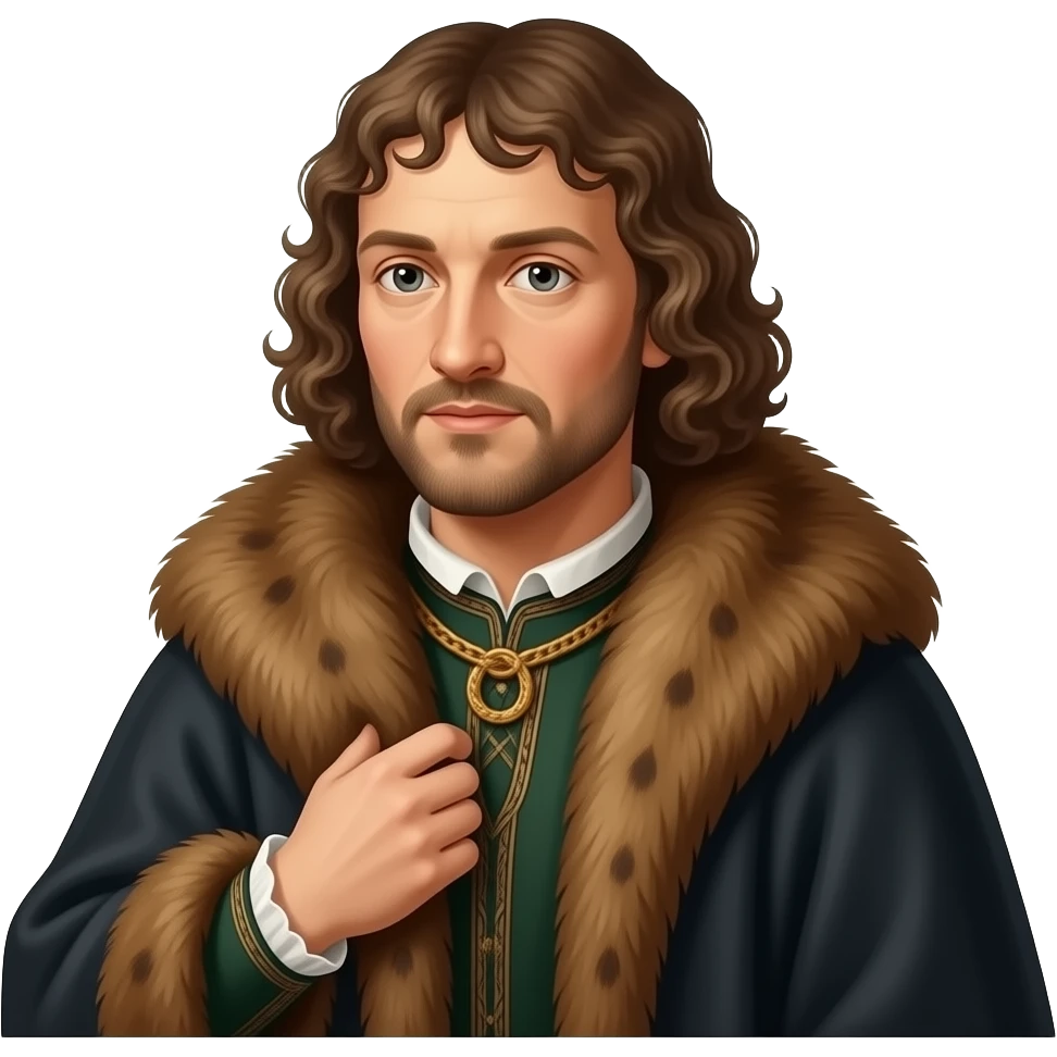 aesthetic divine lighting, oil paint - en face Albrecht Dürer Renaissance self-portrait with long curly hair in a cloak with a fur collar, in Renaissance dress, holding the fur collar with his left hand - contemporary representations of Christ emoji