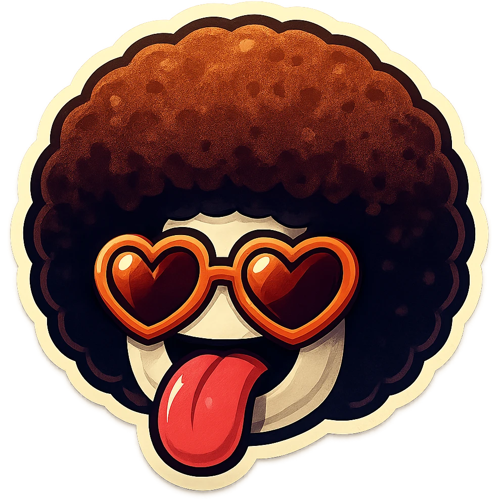 White circle face, afro, heart glasses, big heart eyes, tounge rolled out emoji