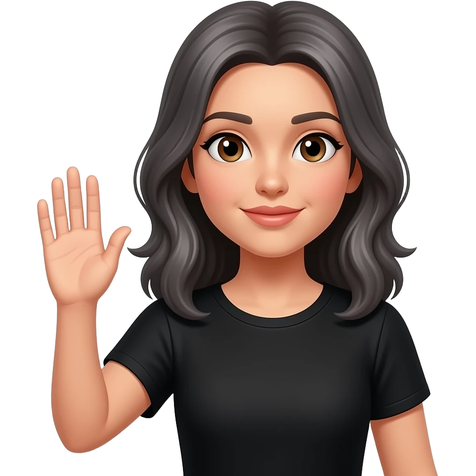 MUJER CON PELO GRIS OSCURO LEVANTANDO LA MANO DERECHA COMO PIDIENDO TURNO CON REMERA NEGRA CON OJOS MARRONES emoji