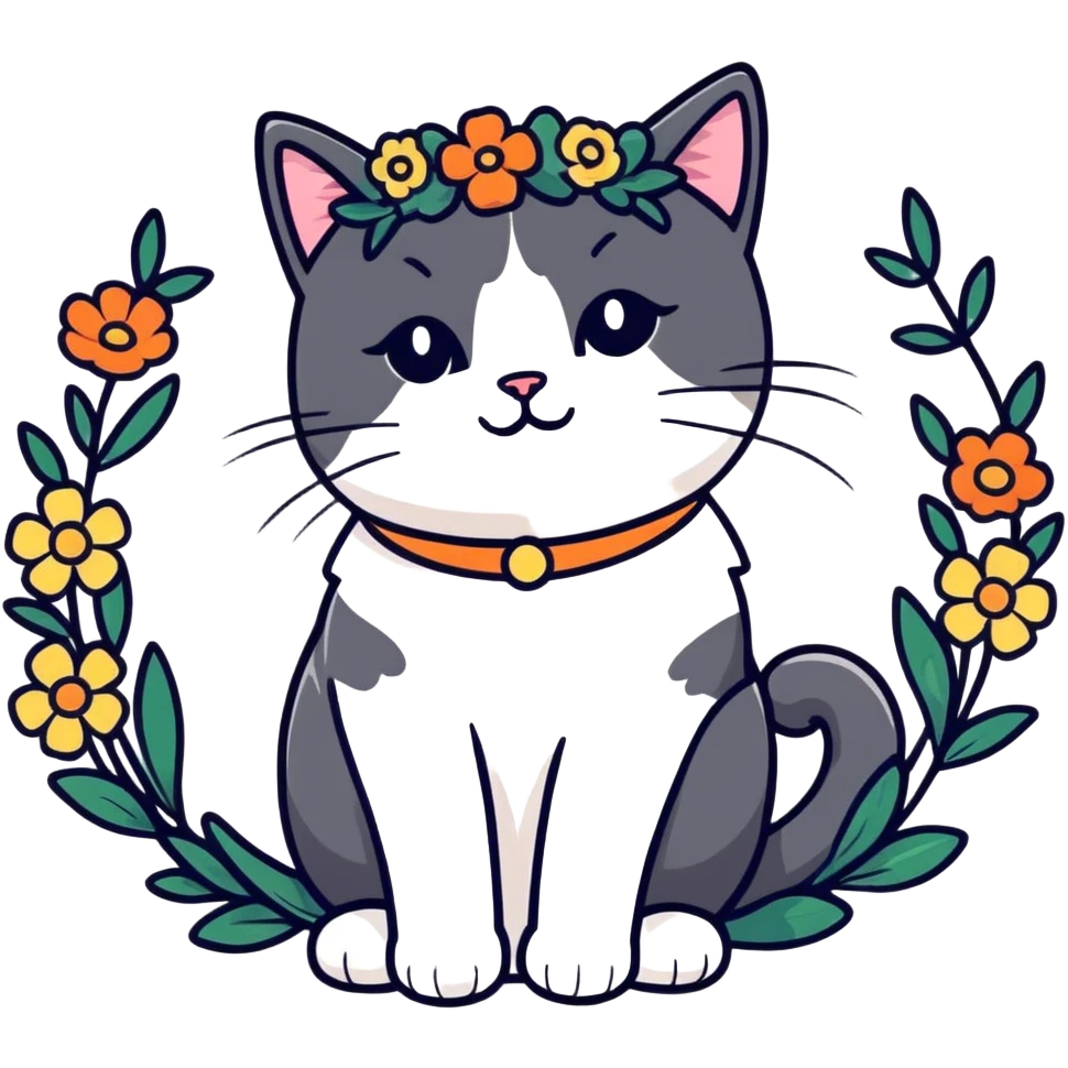 black white cat with flowers emoji