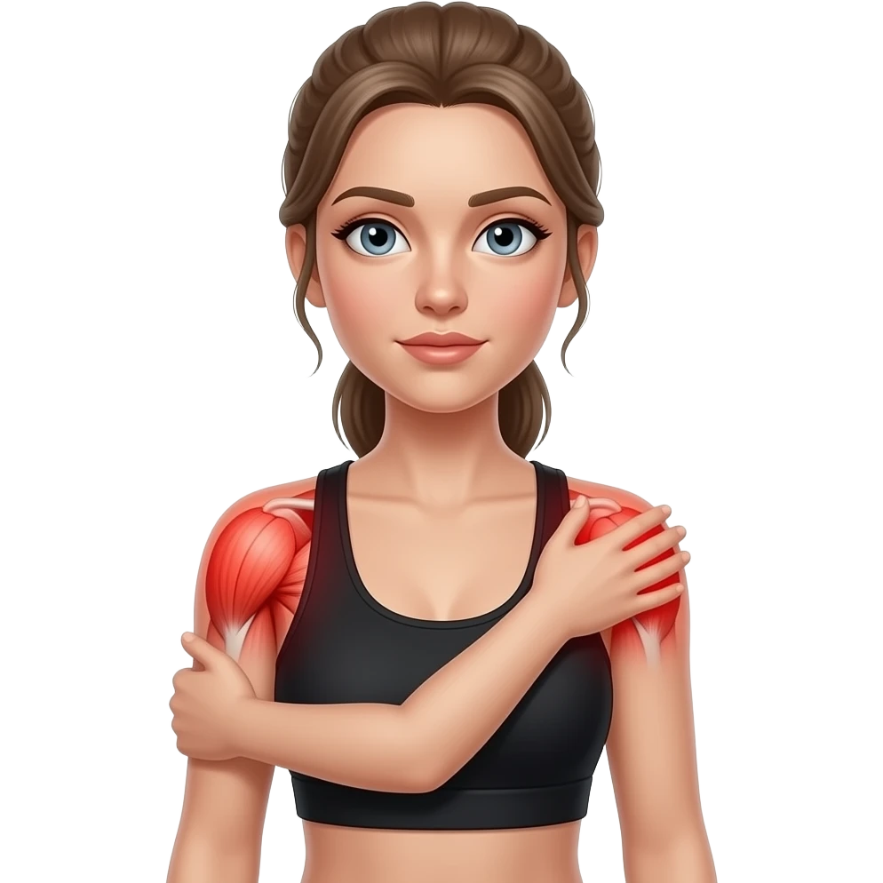 shoulder pain, anatomical highlight of both shoulder joints and deltoid muscles, full red glow over both shoulders, woman holding one shoulder, fair-skinned woman, gray-blue eyes, ash brown brows, ash light brown hair tied back, slim athletic body, black workout set emoji